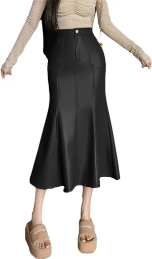Women Autumn Winter Vintage High Waist PU Leather Skirts for Fishtail Wrapped Pencil Skirts