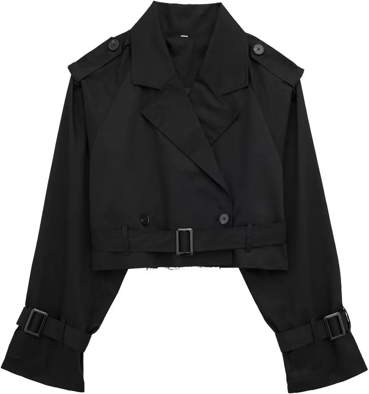 Women Casual Lapel Double Breasted Short Trench Jacket Cropped Pea Coat Outwear With Belt Fall Fashion Loose Overcoat