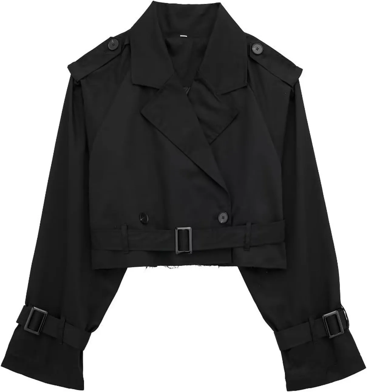 Women Casual Lapel Double Breasted Short Trench Jacket Cropped Pea Coat Outwear With Belt Fall Fashion Loose Overcoat