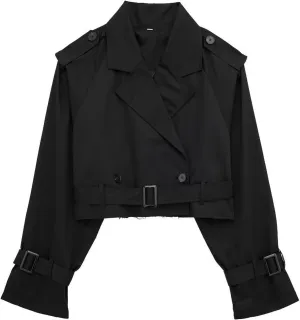 Women Casual Lapel Double Breasted Short Trench Jacket Cropped Pea Coat Outwear With Belt Fall Fashion Loose Overcoat