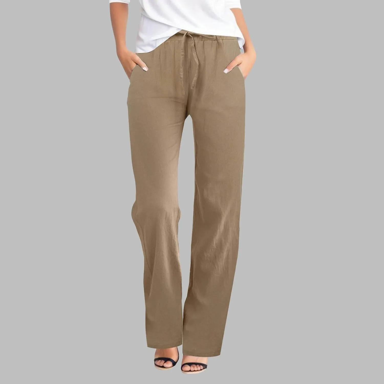 Women Cotton Linen Summer Flowy Pant Trousers High Waist Ankle Length Plus Size Trouser Business Work