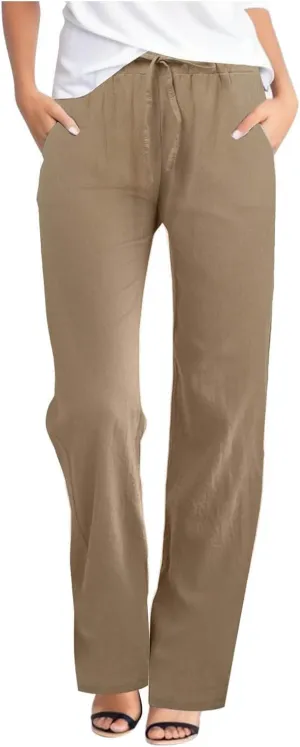 Women Cotton Linen Summer Flowy Pant Trousers High Waist Ankle Length Plus Size Trouser Business Work