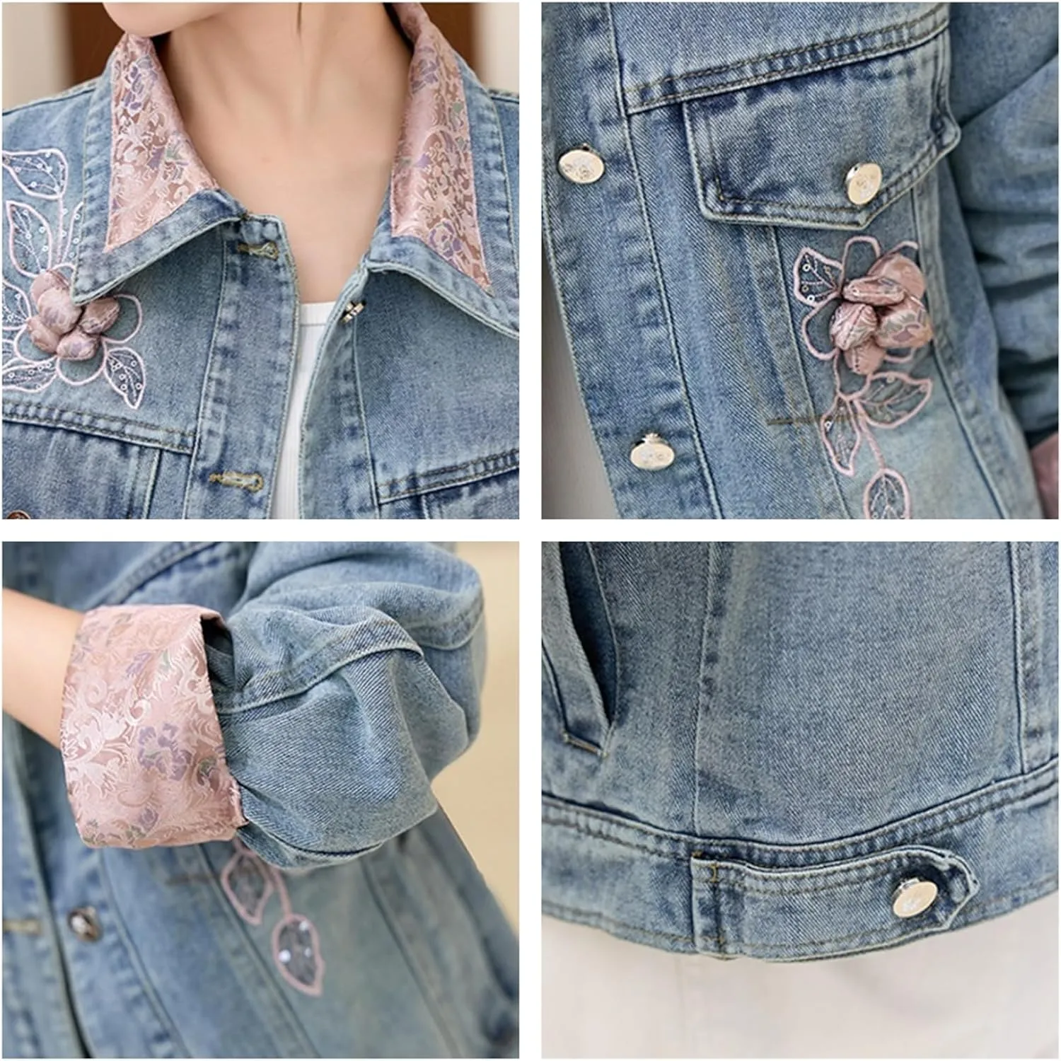 Women Cropped Denim Jacket Chinese Style Lapel Embroidered Flowers Patchwork Coat