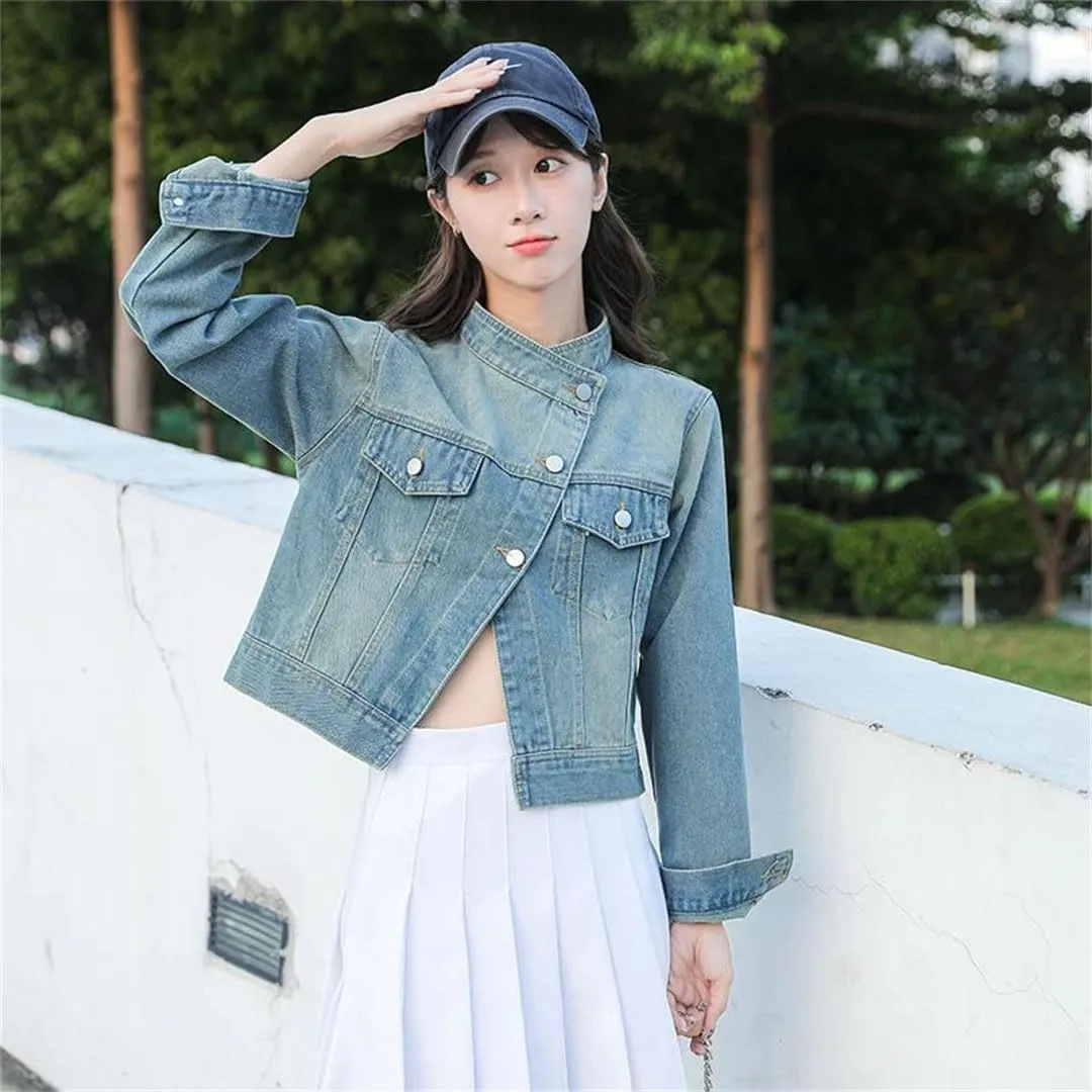 Women Denim Jacket High Waisted Casual Short Coat