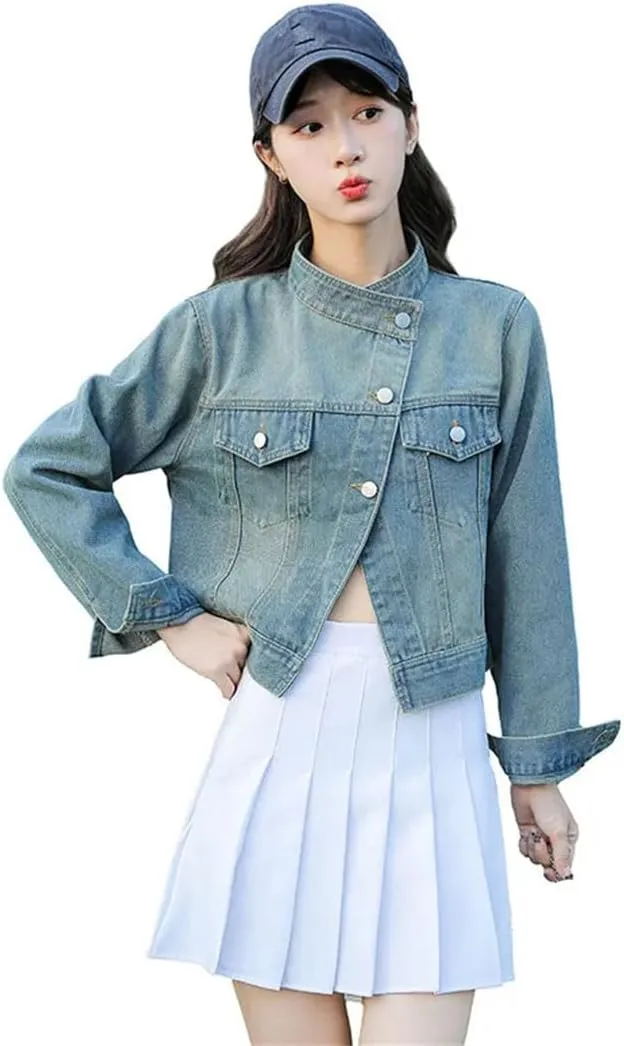 Women Denim Jacket High Waisted Casual Short Coat
