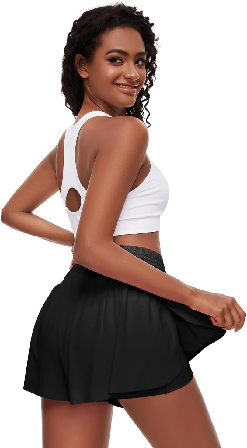Women Flowy Athletic Shorts,2 in 1 High Waisted Running Shorts with Pocket Yoga Workout Casual Wear Summer