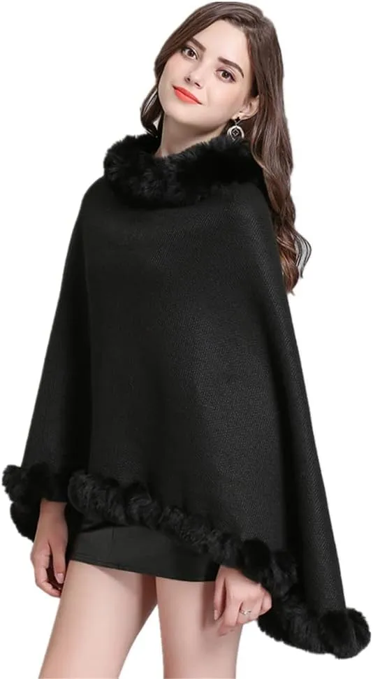 Women Knitted Shawl Poncho with Faux Fur,Round neck Pullover Shawl,Winter Warm Elegant Cloak Poncho