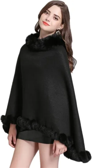 Women Knitted Shawl Poncho with Faux Fur,Round neck Pullover Shawl,Winter Warm Elegant Cloak Poncho