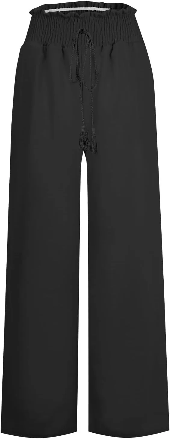 Women Linen Blend Summer Palazzo Pant Trousers Elastic Waist Ankle Length Slim-Fit Palazzo Pants Travel