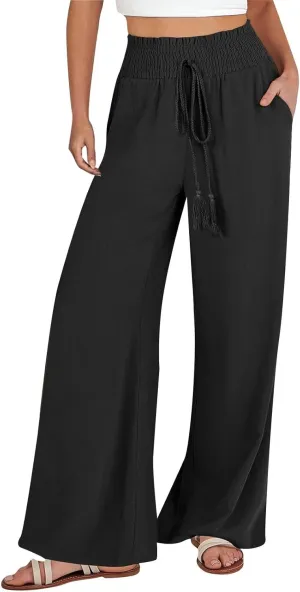 Women Linen Blend Summer Palazzo Pant Trousers Elastic Waist Ankle Length Slim-Fit Palazzo Pants Travel