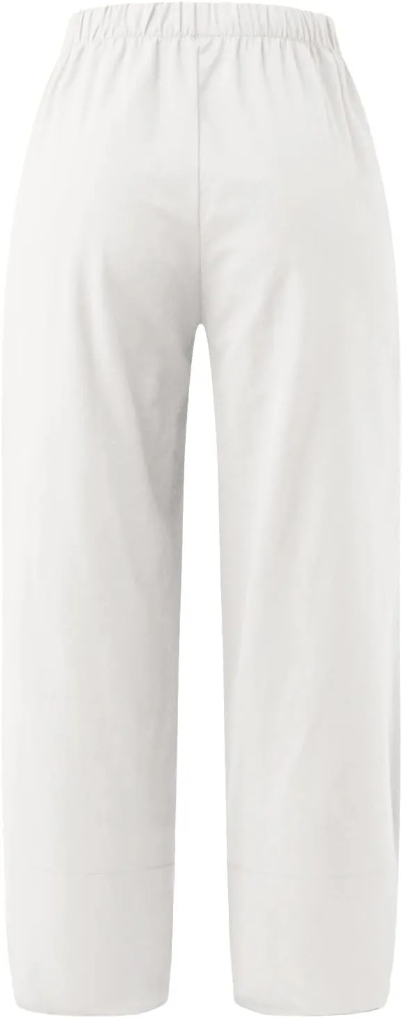 Women Linen Blend Summer Pull On Pants Low Waist Wide Leg Plus Size Palazzo Lounge Pants Vacation