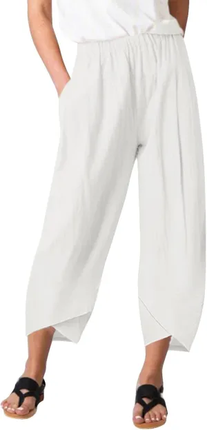 Women Linen Blend Summer Pull On Pants Low Waist Wide Leg Plus Size Palazzo Lounge Pants Vacation