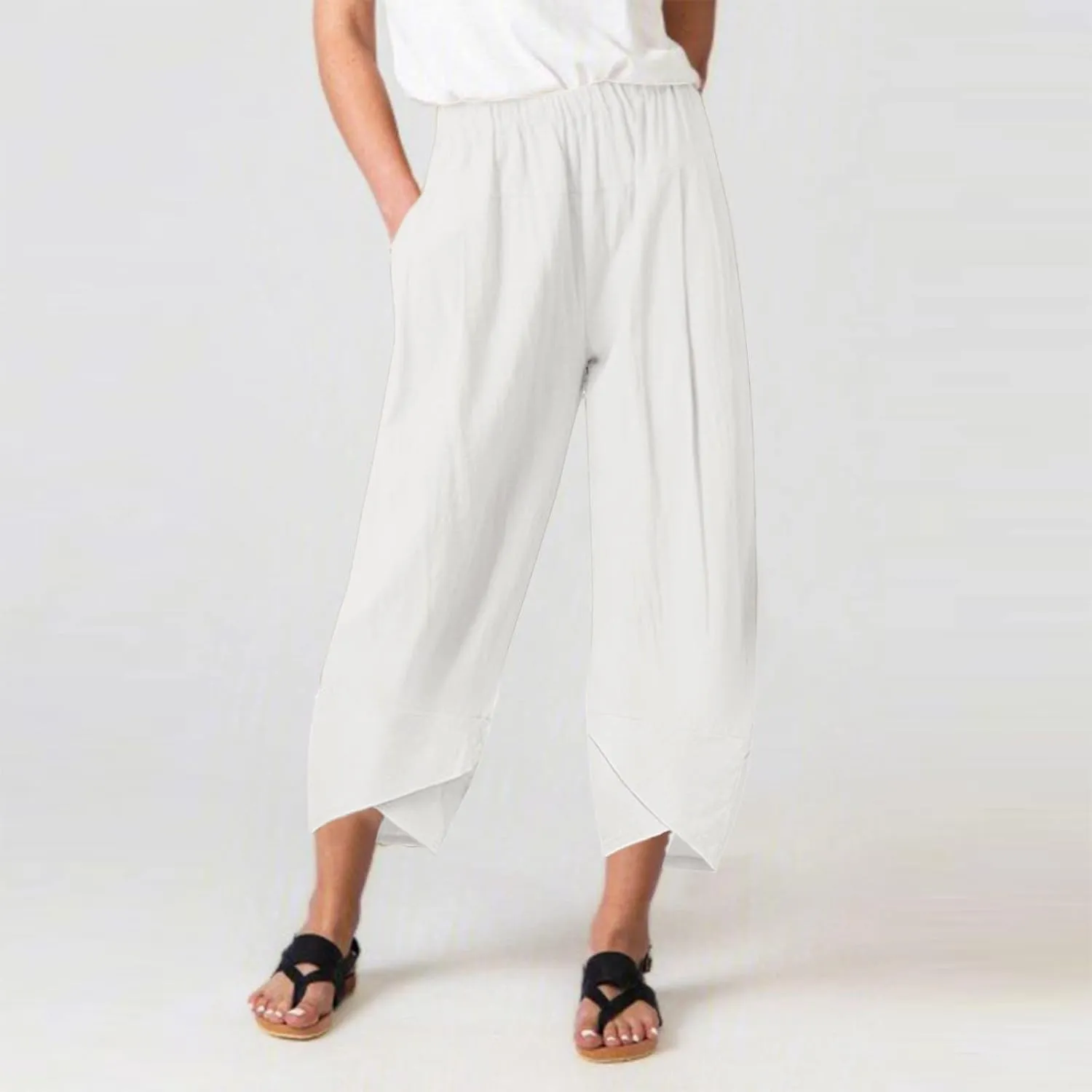 Women Linen Blend Summer Pull On Pants Low Waist Wide Leg Plus Size Palazzo Lounge Pants Vacation