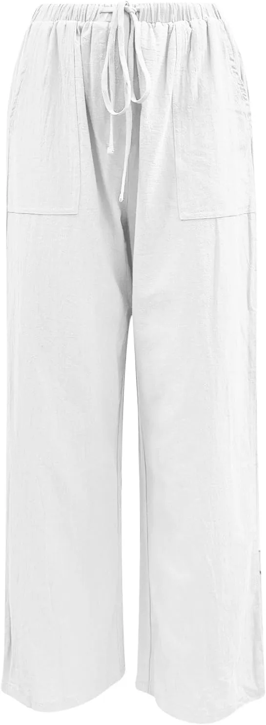 Women Linen Summer Cropped Pant Trousers High Waist Stretchy Straight Slim-Fit Trouser Business Work