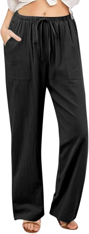 Women Linen Summer Cropped Pant Trousers High Waist Stretchy Straight Slim-Fit Trouser Business Work