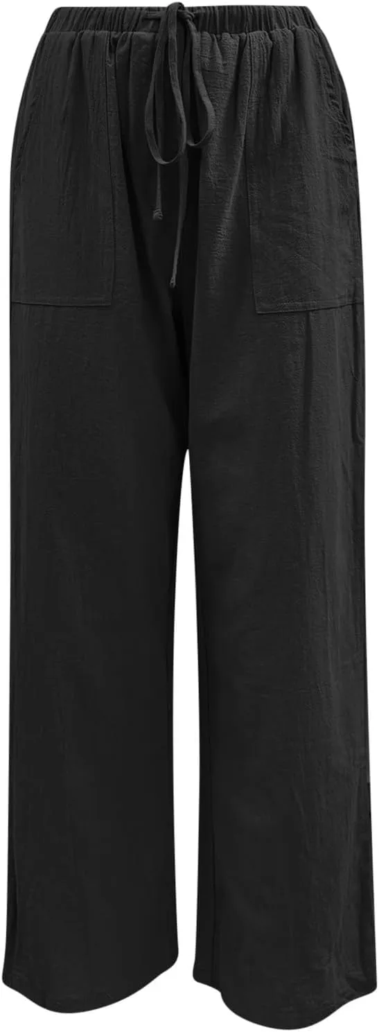 Women Linen Summer Cropped Pant Trousers High Waist Stretchy Straight Slim-Fit Trouser Business Work