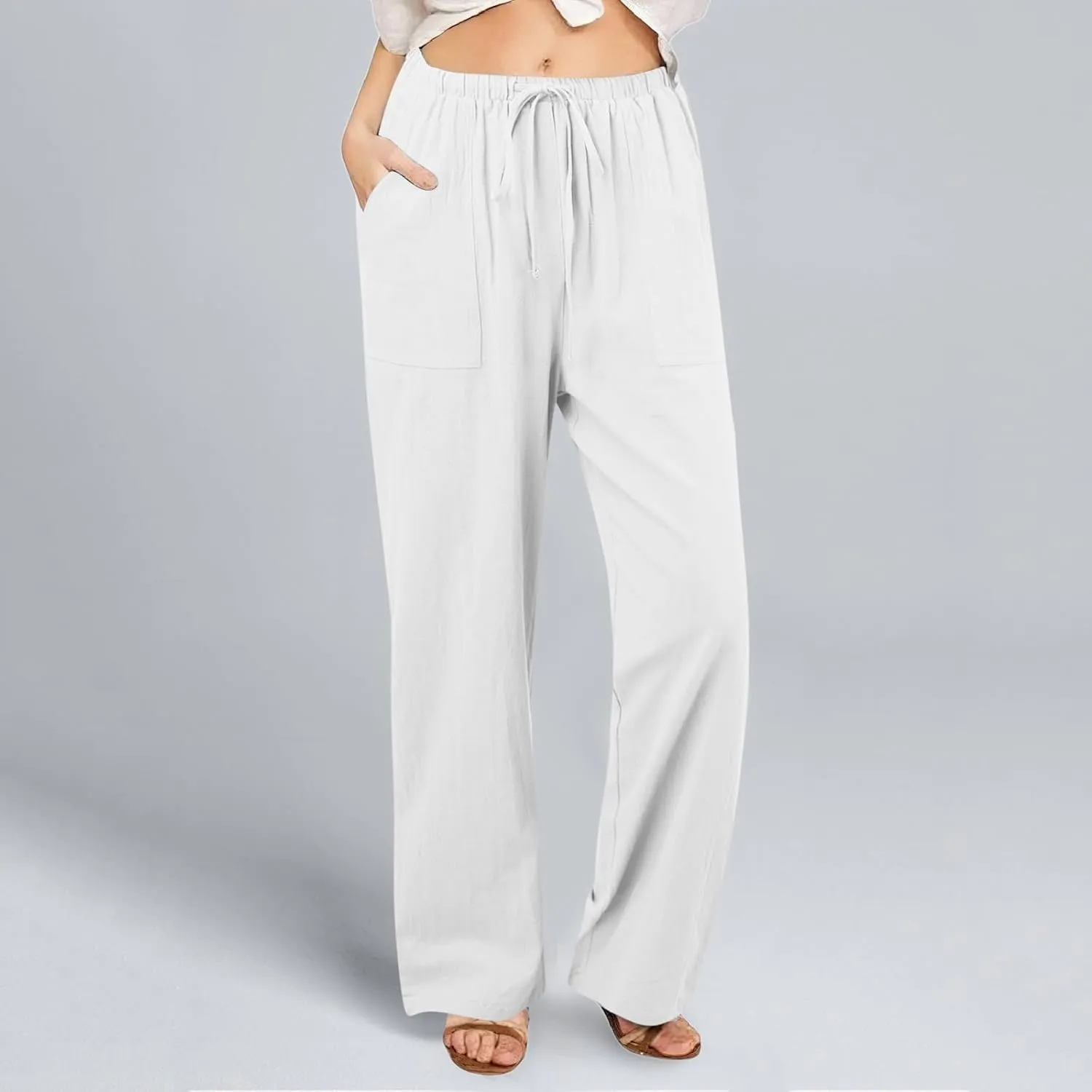 Women Linen Summer Cropped Pant Trousers High Waist Stretchy Straight Slim-Fit Trouser Business Work