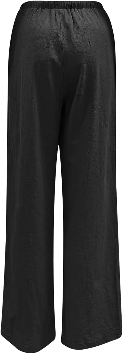 Women Linen Summer Cropped Pant Trousers High Waist Stretchy Straight Slim-Fit Trouser Business Work