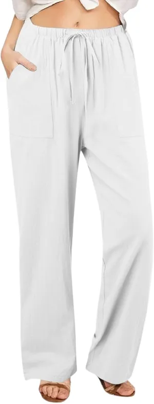 Women Linen Summer Cropped Pant Trousers High Waist Stretchy Straight Slim-Fit Trouser Business Work