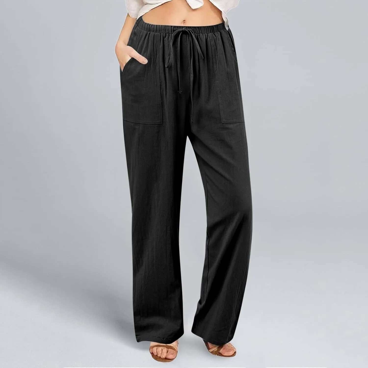 Women Linen Summer Cropped Pant Trousers High Waist Stretchy Straight Slim-Fit Trouser Business Work