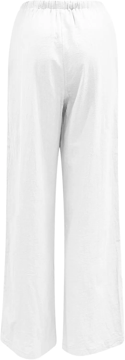 Women Linen Summer Cropped Pant Trousers High Waist Stretchy Straight Slim-Fit Trouser Business Work