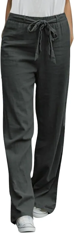 Women Linen Summer Drawstring Pant Trousers Low Waist Wide Leg Slim Fit Trousers Office
