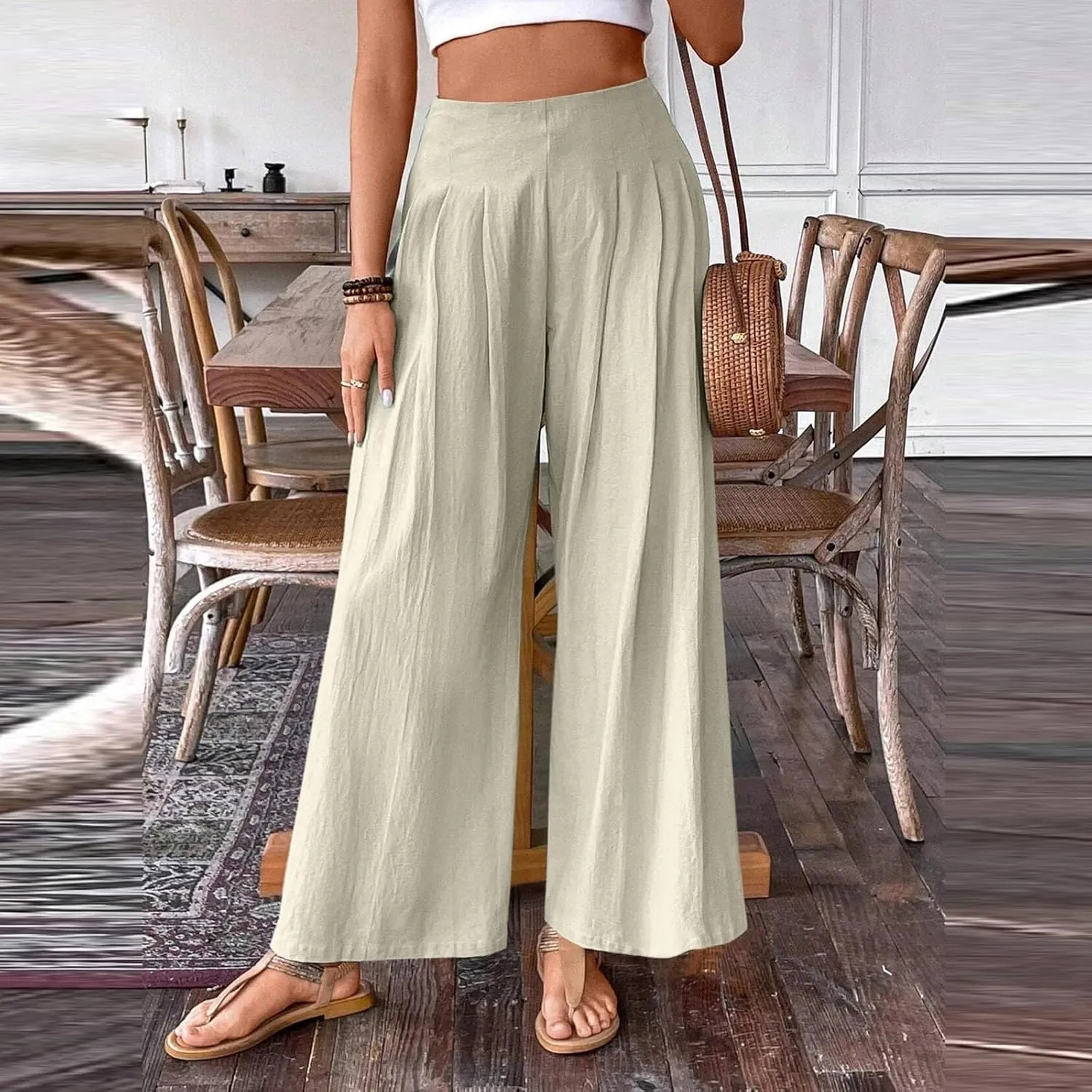 Women Linen Summer Palazzo Pant Trousers Low Waist Ankle Length Slim-Fit Palazzo Lounge Pants Beach