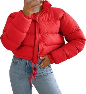 Women Long Sleeved Cropped Parkas Slim Fit Zipper Puffer Outwears Cotton Padded Snow Coat