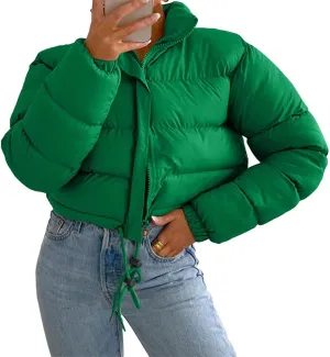 Women Long Sleeved Cropped Parkas Slim Fit Zipper Puffer Outwears Cotton Padded Snow Coat