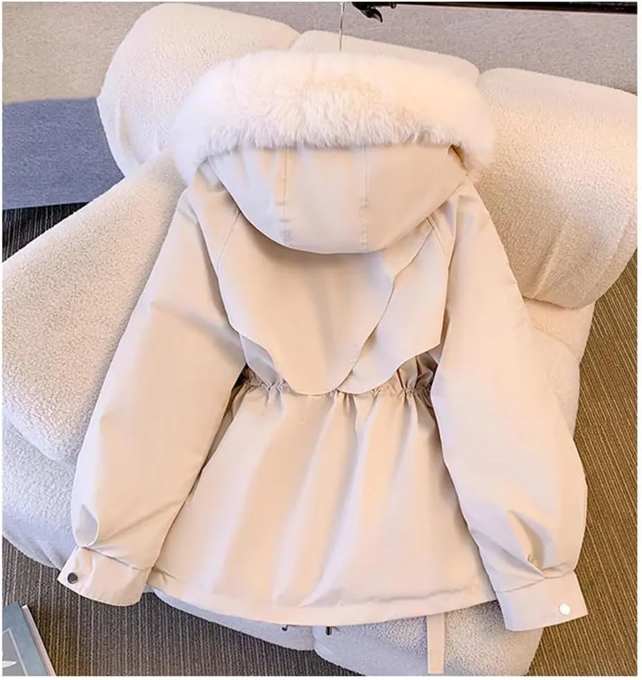 Women Pocket Causal Coat Zipper Hooded Parkas Warm Long Sleeve Waist Cotton Coat Cotton-Padded Jacket