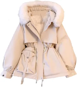 Women Pocket Causal Coat Zipper Hooded Parkas Warm Long Sleeve Waist Cotton Coat Cotton-Padded Jacket