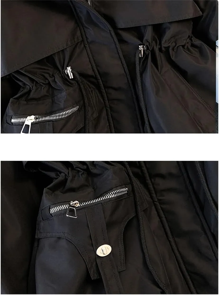 Women Pocket Causal Coat Zipper Hooded Parkas Warm Long Sleeve Waist Cotton Coat Cotton-Padded Jacket