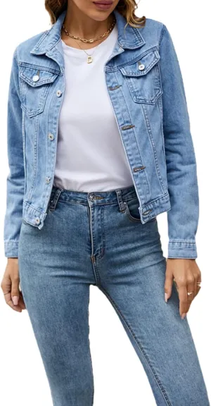 Women 's Basic Denim Jacket Casual Long Sleeve Button Down Stretchy Jean Jacket Coat