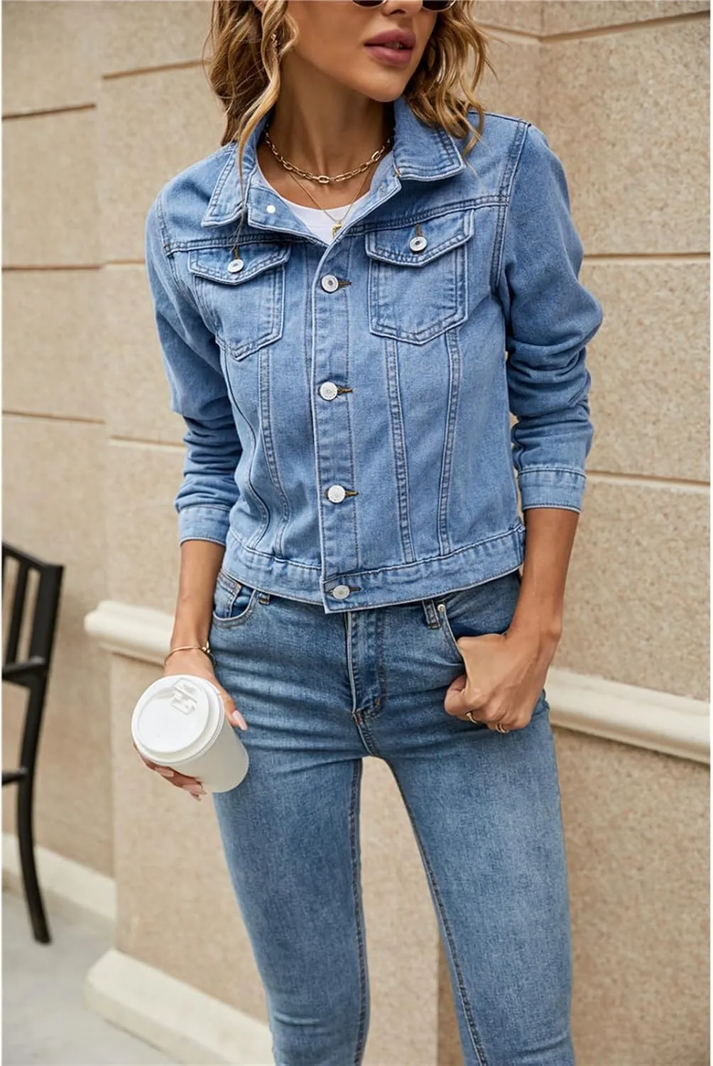 Women 's Basic Denim Jacket Casual Long Sleeve Button Down Stretchy Jean Jacket Coat