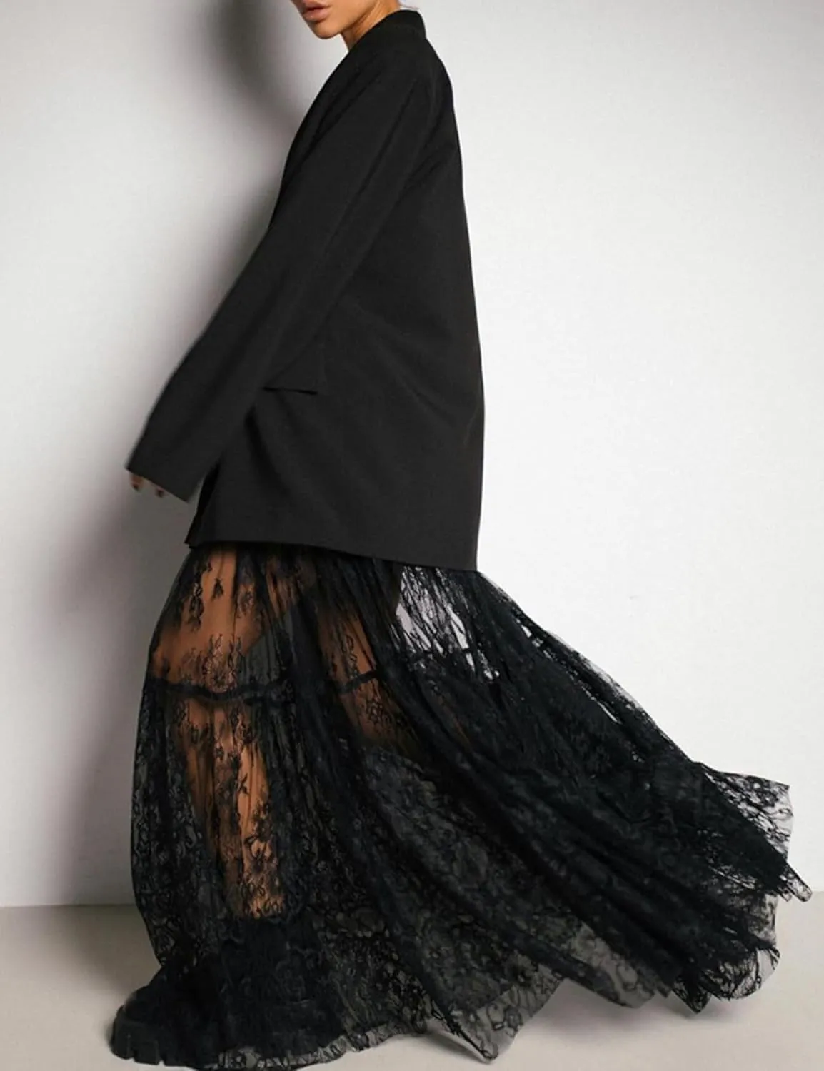 Women Sexy Sheer Lace White Flare Skirts Summer Floral Embroidered High Waist Long Maxi Beach Skirt