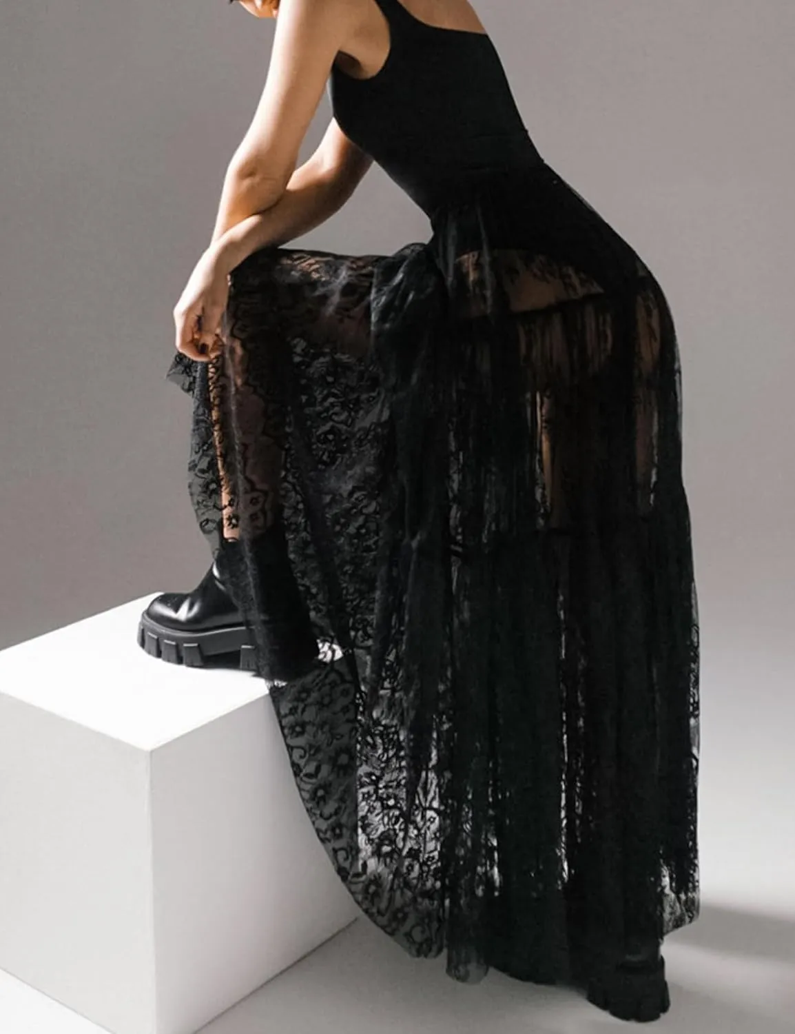 Women Sexy Sheer Lace White Flare Skirts Summer Floral Embroidered High Waist Long Maxi Beach Skirt