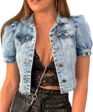 Women Short Sleeve Denim Jacket Casual Denim Jacket Solid Color Vintage Short Jacket Outerwear