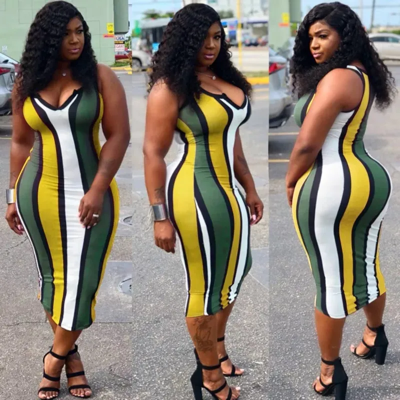 Women Striped V-Neck Bodycon Midi Dress
