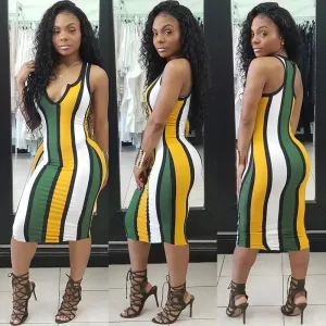 Women Striped V-Neck Bodycon Midi Dress