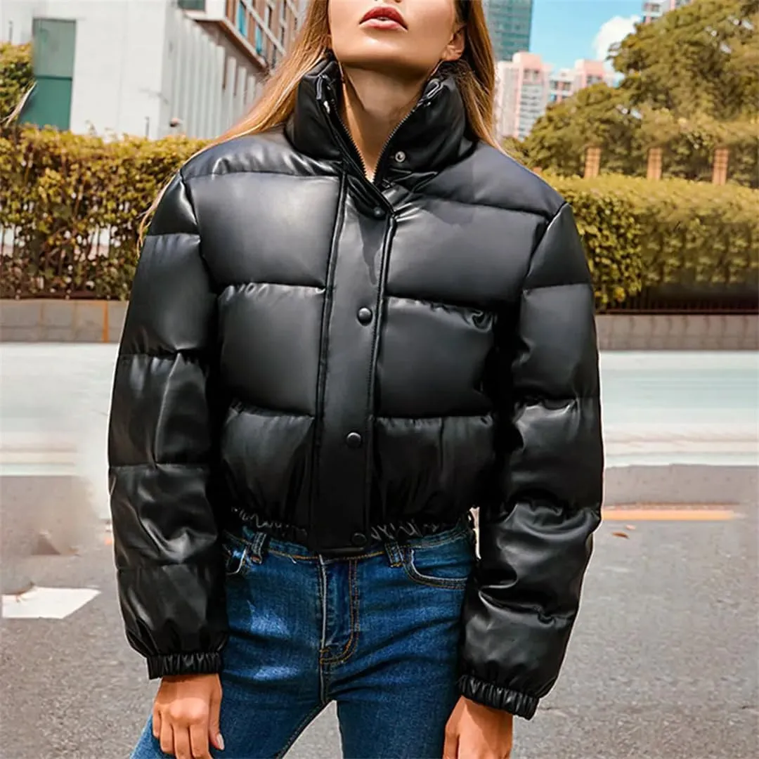 Women Thick Warm Cropped Puffer Jacket PU Leather Parkas Zipper Coat Cotton Padded Punk Outwear