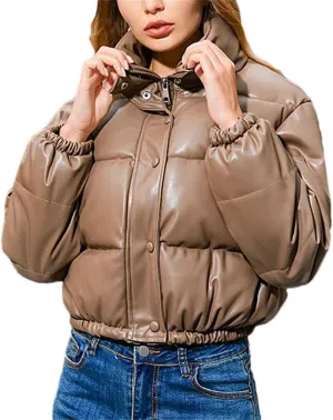 Women Thick Warm Cropped Puffer Jacket PU Leather Parkas Zipper Coat Cotton Padded Punk Outwear