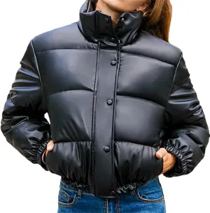 Women Thick Warm Cropped Puffer Jacket PU Leather Parkas Zipper Coat Cotton Padded Punk Outwear