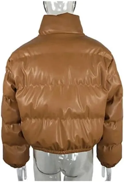 Women Thick Warm Cropped Puffer Jacket PU Leather Parkas Zipper Coat Cotton Padded Punk Outwear