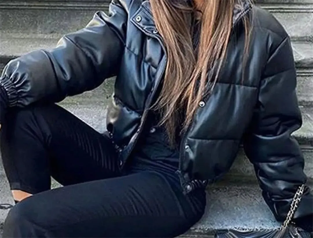 Women Thick Warm Cropped Puffer Jacket PU Leather Parkas Zipper Coat Cotton Padded Punk Outwear