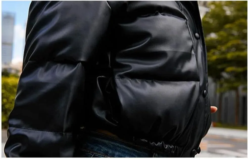 Women Thick Warm Cropped Puffer Jacket PU Leather Parkas Zipper Coat Cotton Padded Punk Outwear