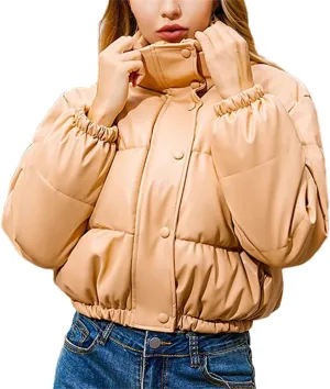 Women Thick Warm Cropped Puffer Jacket PU Leather Parkas Zipper Coat Cotton Padded Punk Outwear