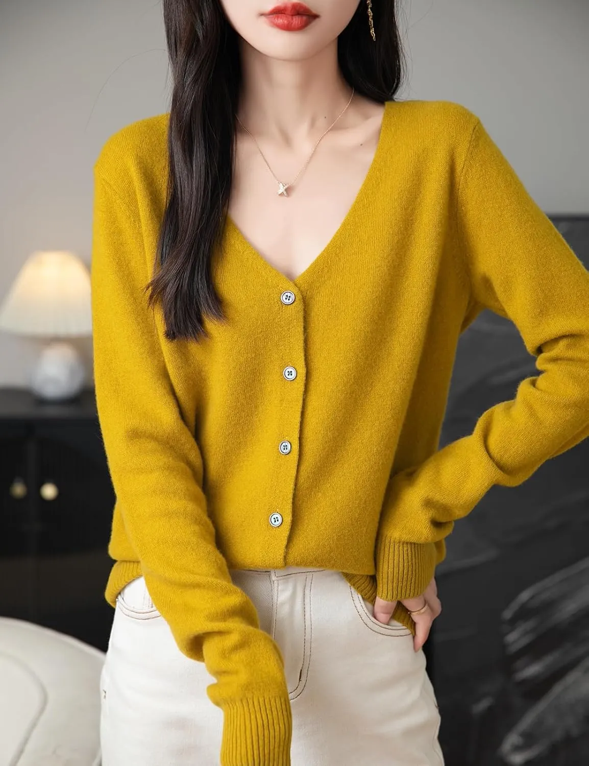 Women's 100% Merino Wool Cardigan 2025 Fall Winter Sexy V Neck Long Sleeve Lightweight Knit Cardigan Sweater