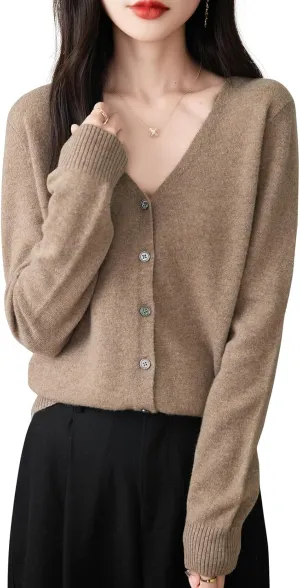 Women's 100% Merino Wool Cardigan 2025 Fall Winter Sexy V Neck Long Sleeve Lightweight Knit Cardigan Sweater