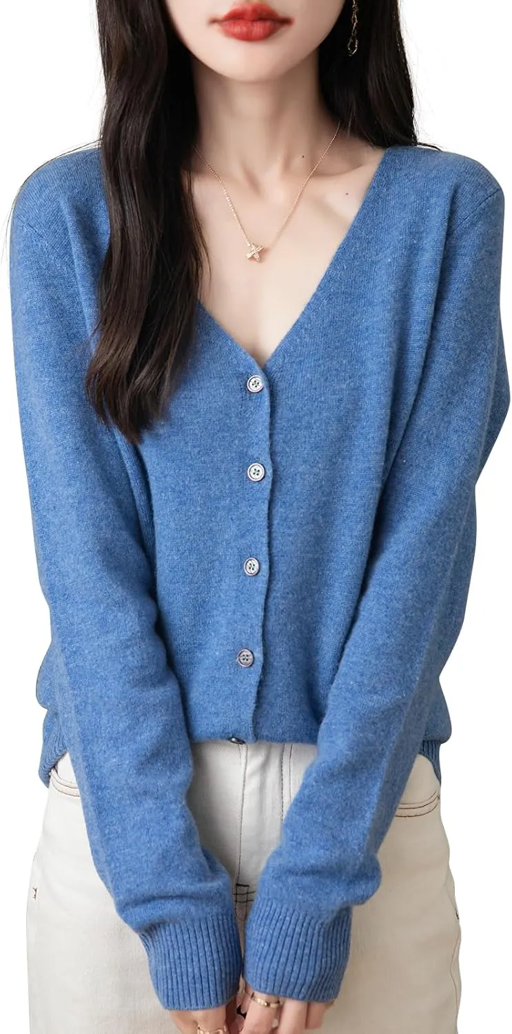 Women's 100% Merino Wool Cardigan 2025 Fall Winter Sexy V Neck Long Sleeve Lightweight Knit Cardigan Sweater