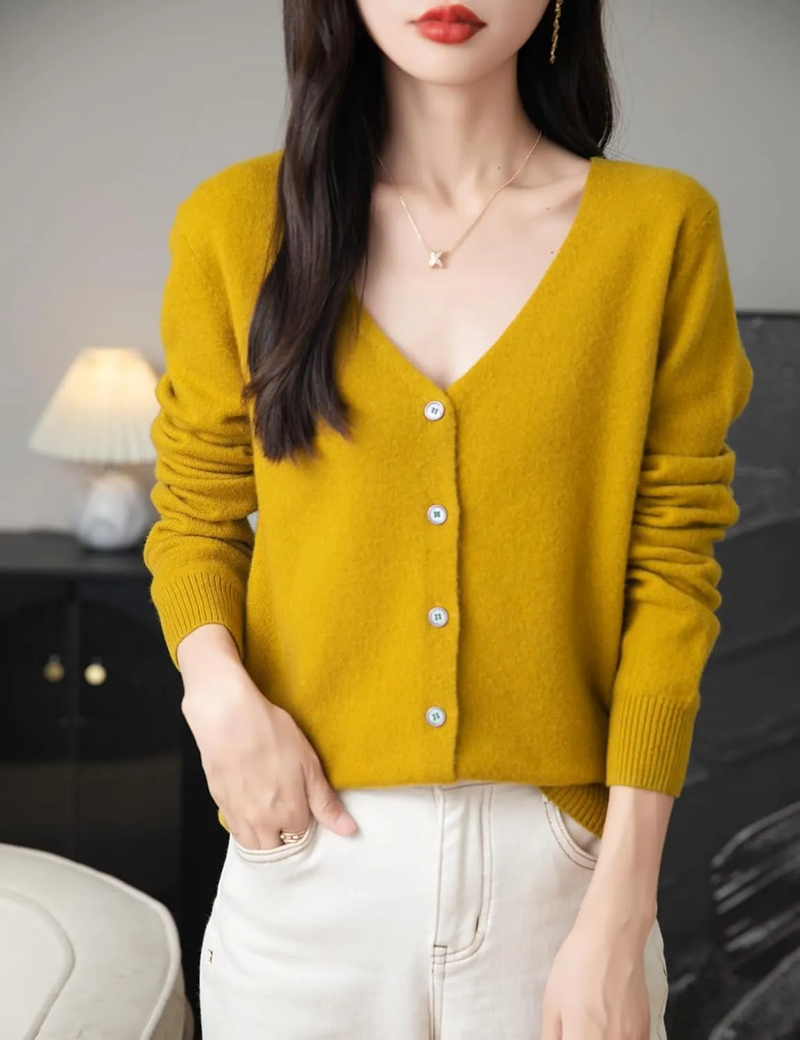 Women's 100% Merino Wool Cardigan 2025 Fall Winter Sexy V Neck Long Sleeve Lightweight Knit Cardigan Sweater